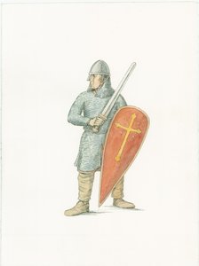 Eine Rekonstruktionsillustration, die einen normannischen Ritter um 1066 zeigt