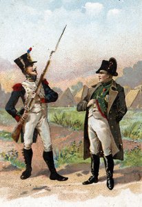 Ein junger Soldat stoppt Napoleon I. auf seinem Weg 1805. 19. Jahrhundert (Chromolithographie)