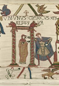 Aelfgyva mit einem Priester, Teppich von Bayeux (Wollstickerei auf Leinen) von Unbekannt