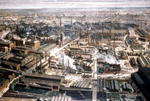 Luftaufnahme der Krupp-Fabrik in Essen, ca. 1920 (Gravur) von Unbekannter Künstler