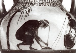 Ajax bereitet sich auf seinen Tod vor, Illustration nach einer griechischen Kratervase aus dem 6. Jahrhundert v. Chr. (Gravur) von Unbekannt