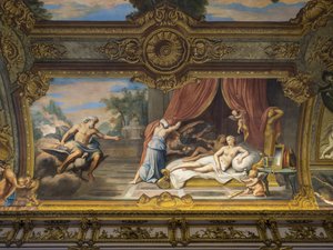 Allegorie des Feuers, die Jupiter und Semele darstellt, Louis XIII besucht Anne von Österreich (Konzeption von Louis XIV). Gemälde des Gewölbes der Galerie doree, von Francois Perrier von Unbekannt