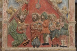 Altarbild. Polychromer Stein. Zweite Hälfte des 14. Jahrhunderts. Ursprung ehemalige Pfarrkirche von Torre de Rialb. Detail. Mittleres Register. Linkes Panel. Oberer Teil: Die Heiligen Iscle und Victoria mit den Beamten. von Unbekannt