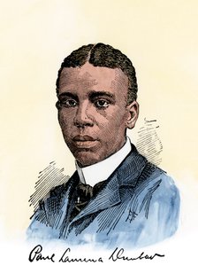 Amerikanischer Dichter Paul Lawrence Dunbar (1872-1906), mit seinem Autogramm. Handkolorierter Holzschnitt einer Illustration aus dem 19. Jahrhundert von Unbekannter Künstler