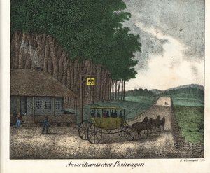 Ein amerikanisches Postamt und eine Postkutsche. Lithografie für das Buch: „Galerie complète en tableaux fidèles des peuples d