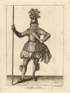 Ein Offizier der Pikenier in Militäruniform mit Helm, Brustpanzer, Schärpe, Kniehosen, Strümpfen mit Schwert und Pike von Unbekannt