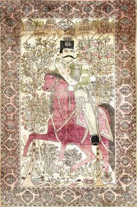 Ein antiker Seiden-Kashan-"mochtasham"-Bildteppich, der die berittene Figur von Naser al-Din Shah darstellt