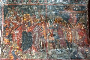 Antike Fresken; Wandmalereien; Kuss des Judas; Kreuzigung Jesu; Panagia und Sotiras Kirche; Griechisch-Orthodoxe Kirche; Roustika; Kreta; Griechenland; Europa von Unbekannt