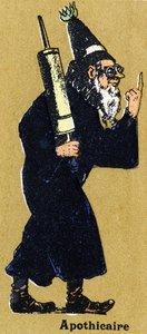 Apotheker mit einem Klistier. Illustriertes Alphabet. Imageries reunited in Jarville-Nancy, Anfang des 20. Jahrhunderts. Lithografie auf bistre Hintergrund von Unbekannt