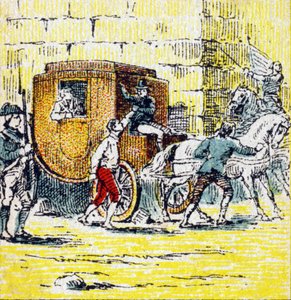 Verhaftung von Ludwig XVI. und seiner fliehenden Familie in Varennes am 21. Juni 1791. Gravur in "Histoire de France". Serie von Werbebildern, veröffentlicht im Auftrag von Louit, 24 rue d