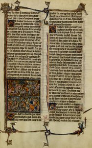 Artuslegende (Suche nach dem Heiligen Gral): Benoic jagt Sachsen und die Schlacht von Danablaise, zwei Illuminationen aus dem Manuskript Geschichte von Merlin, datiert auf das 13. Jahrhundert zwischen 1280-1290