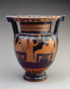 Attischer rotfiguriger Säulenkrater mit einem Symposionszene eines Flötenspielers zwischen zwei liegenden Männern, Griechisch, ca. 420 v. Chr. von Unbekannt
