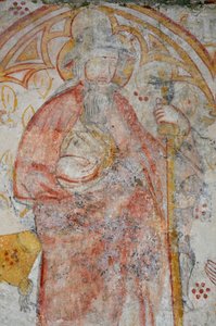 Avy, Kirche Notre Dame. Wandgemälde aus dem 14. Jahrhundert (Jungfrau und Kind umgeben, Verehrung durch Pilger begleitet von ihren heiligen Schutzpatronen) von Unbekannter Künstler
