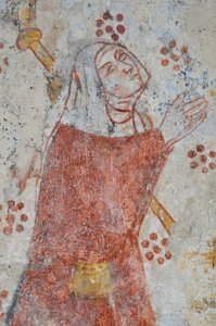 Avy, Kirche Notre Dame. Wandgemälde aus dem 14. Jahrhundert (Jungfrau und Kind umgeben, Verehrung durch Pilger begleitet von ihren heiligen Schutzpatronen) von Unbekannter Künstler