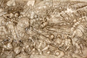 Basilika von St. Denis, Grab von Franz I. König von Frankreich und Claude von Frankreich, Fundamentrelief, Darstellung der Schlacht von Marignano 1515 - der siegreiche Eingriff von Franz I., Saint-Denis, Frankreich