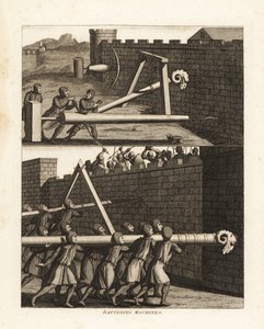 Rammbock und zwei Arten von Bohrern, um Wände zu durchbohren, oben, und zwei Rammböcke unten, einer von einem Dreieck gestützt und der andere auf den Schultern von Soldaten getragen