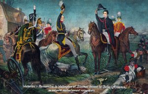 Schlacht von Waterloo: Wellington und Blücher treffen sich 1815 (Druck)