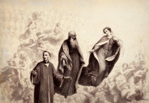 Beatrice entfernt sich von Dante, und an seiner Seite erscheint St. Bernhard. Illustration von Canto XXXI in Paradiso der Göttlichen Komödie von Dante Alighieri. Werk von Francesco Scaramuzza, gewidmet der Gemeinde Florenz