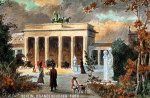Berlin - Brandenburger Tor. Ansicht des Brandenburger Tors, mit Blumen und Passanten, Ende 19./20. Jahrhundert