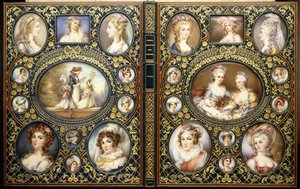 Einband mit vierundzwanzig Porträtminiaturen, aus dem Buch "Französische charakteristische Kostüme" von Richard Brinsley Peake, 1816