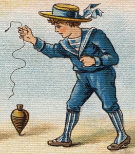 Junge spielt den Kreisel. Gravur in "Alphabet de ma petite fille". Bernardin-Bechet und Fils, Buchhändler-Verleger, Paris, um 1895. Unzerbrechliches Album auf Leinwand. Bibliotheque des Bebes. von Unbekannt