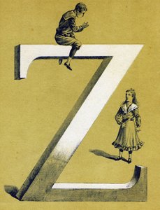 Junge sitzt auf dem Buchstaben Z und kleines Mädchen steht unter ihm. Illustriertes Alphabet. Imageries reunited in Jarville-Nancy, Anfang des 20. Jahrhunderts. Lithografie auf bistre Hintergrund