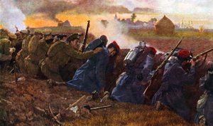 Britische Truppen kämpfen mit den Franzosen, um den ersten deutschen Ansturm zu stoppen, Herbst 1914