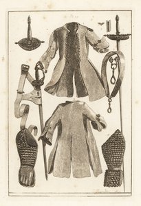 Buffmantel, Buffgürtel, vergoldeter Silberschwertgriff, Buffarmstück und Handschuh, Toledo-Schwert, Klinge und Scheide, und Griff von Unbekannt
