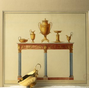 Buffet und Teeservice auf einem Aquarell von Architekt Charles Percier