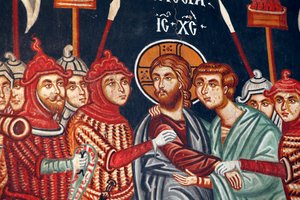 Byzantinisches Fresko aus dem 15. Jahrhundert Judas Verrat und die Verhaftung Jesu Michael Erzengel Kirche in Pedoulas Zypern Bemalte Kirchen UNESCO-Stätte Troodos, Zypern von Unbekannt