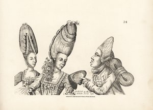 Karikatur der Mode des späten 18. Jahrhunderts: Frauen mit hohen Perücken und einem Garten aus Blumen im Dekolleté, und ein Dandy mit einer hohen Perücke und einer extravaganten Haarmasse, die am Rücken gebunden ist. Kupferstich nach einer satirischen Illu