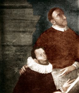 Carlo Gesualdo, Prinz von Venosa. 1560-1613. Im Gemälde mit seinem Onkel Carlo Borromeo. Gesualdo ist die kniende Figur. Das Gemälde hängt in Gesualdo, Kirche Santa Maria delle Grazie (Convento dei Frati Cappuccini). Vermutlich ein Altarbild von 1609 von G von Unbekannter Künstler