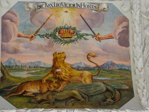 Deckenfresko im Seitenschiff der St. Katharinenkirche, allegorische Darstellungen der Siege von Kaiser Leopold I. über die Osmanen, Mausoleum der Habsburger, Graz, Steiermark, Österreich von Unbekannter Künstler