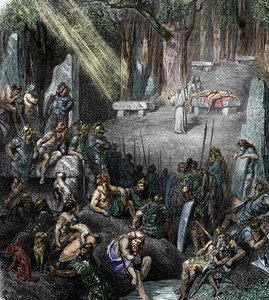 Keltische Antike: Menschenopfer während einer Zeremonie unter Vorsitz eines Druiden in Anwesenheit von Familien und Kriegern im Wald