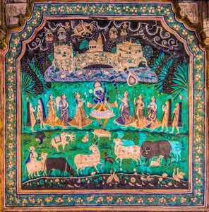 Chittra Shala Innenhof mit virtuosen feinen Gemälden, Taragarh Fort, Bundi, Rajasthan, Indien von Unbekannter Künstler