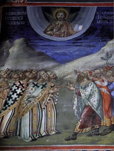 Christus in Herrlichkeit, der die weltlichen und geistlichen Kräfte kontrolliert, byzantinisches Fresko aus dem Kloster Agios Ioannis Lampadistis, Heiliger Johannes Lampadistis, 11. Jahrhundert, Zypern, bemalte Kirchen, UNESCO-Stätte, Troodos, Zypern von William M. Timlin