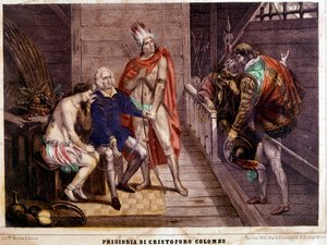 Christoph Kolumbus in Ketten 1500 auf seiner Rückkehr nach Spanien - Italienischer Stich von 1861