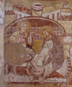 Kirche (Église Saint-Martin). Innenraum. Wandmalereien (Fresko). Nordwand des Chors. (Detail) Fußwaschung. 12. Jahrhundert.