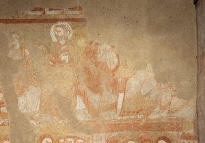 Kirche (Église Saint-Martin). Innenraum. Wandmalereien. Westwand des Kirchenschiffs. Detail. Apostel. 12. Jahrhundert.