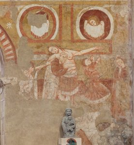 Kirche (Église Saint-Martin). Innenraum. Wandmalereien (Fresko). Westwand des Kirchenschiffs. Detail. Kreuzabnahme. 12. Jahrhundert.