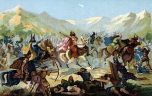 Chlodwig I. (466-511), König der Franken, während der Schlacht von Tolbiac im Jahr 496 gegen den germanischen Stamm der Alemannen, gelobte im Falle eines Sieges die Konversion. Ende des 19. Jahrhunderts (Chromolithographie)