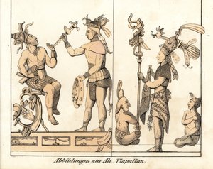 Sammlung von Zeichnungen von Tlapallan (Mexiko). Lithografie für das Buch: „Galerie complète en tableaux fidèles des peuples d