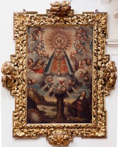 Kollegiatskirche. Innenraum. Gemälde. (Nuestra Señora de la Esperanza). Text in einem Medaillon: „RETRA TOD LA MIL CROSA Imajen DNUESTRA S DL Esperanza A Parecida A Fernando de ZILLLa Faňa iezi rodela Villa Riue mde el Tajo ter mi?to esta villa“. Signiert  von Unbekannt