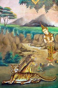 Mitgefühl für Tiere. Gemälde, das die Lebensgeschichte von Shakyamuni Buddha darstellt. Wat Naxai. Vientiane, Laos von Unbekannt