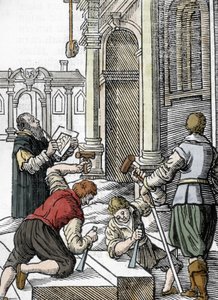 Bau einer Kathedrale, Steinmetze im 13. und 14. Jahrhundert (Gravur) von Unbekannter Künstler