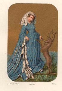 Kostüm einer edlen Dame aus dem Anfang des 15. Jahrhunderts, sie trägt einen langen Kopfschmuck und ein langärmliges Kleid, spielt mit einem Reh - Von einer Spielkarte aus der Königlichen Bibliothek von Stuttgart (Deutschland) - Chromolithographie, Zeichnu von Unbekannter Künstler