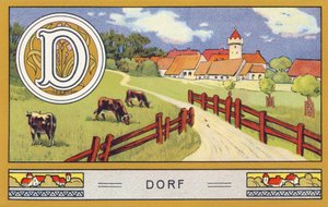 D: Dorf - Alphabet Palmin. Serie von Chromolithographien herausgegeben von H. Schlinck & Cie, Hamburg. Werbung für Palmin feinstes Kokosfett.