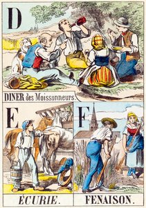 D E F: Abendessen der Erntearbeiter, Stall, Heuernte - „Alphabet des Bauernhofs“ Ende des 19. Jahrhunderts (Gravur)