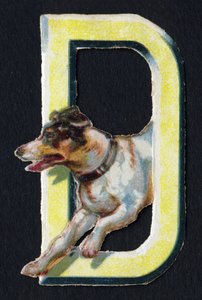 D wie Hund. Käfer-Decoupis zum Thema Tiere. Gravur. Serie von 26 Waffel-Chromolithographien englischen Ursprungs. Herausgeber und Illustrator unbekannt. Ende des 19. Jahrhunderts. von Unbekannt