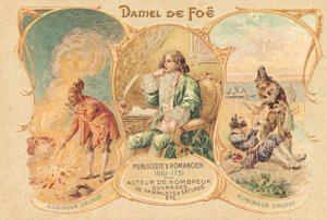 Daniel Defoe an seinem Schreibtisch und sein berühmtes Werk